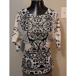 Panhandle Slim Womens Sz M Bat Sleeve Graphic Print Black White Embellished